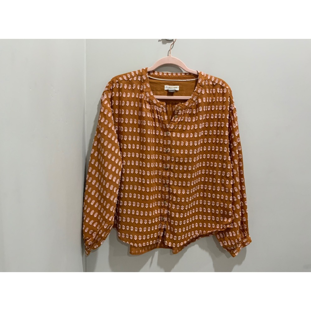 Anthropologie Pilcro‎ Textured Leaf Print Button Shirt Orange Long Sleeve Cotton